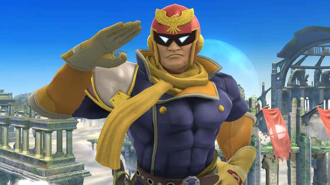 Captain Falcon from F-Zero salutes the camera. 