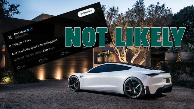 Image for article titled The Tesla Roadster Probably Won&#39;t Hit 60 MPH In Under 1 Second