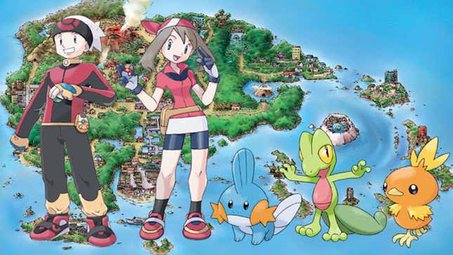 The player trainers stand next to the starters in key art for 笔辞办é尘辞苍 Ruby and Sapphires.