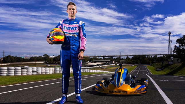 Oscar Piastri during a photoshoot showing off his place as an Alpine reserve driver.