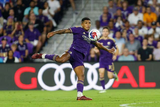 Oct 30, 2023; Orlando, Florida, USA; Orlando City SC midfielder Wilder Cartagena (16) against Nashville SC in the second half at Exploria Stadium.