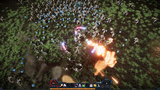Fighting off the hordes of creatures with one fire-spewing mech in Project Lazarus.