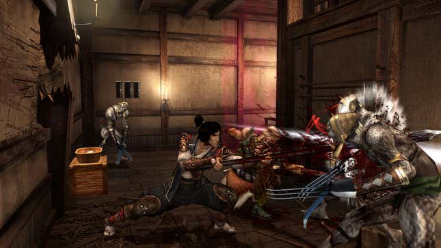 A protagonist in Onimusha 2 impales an enemy.