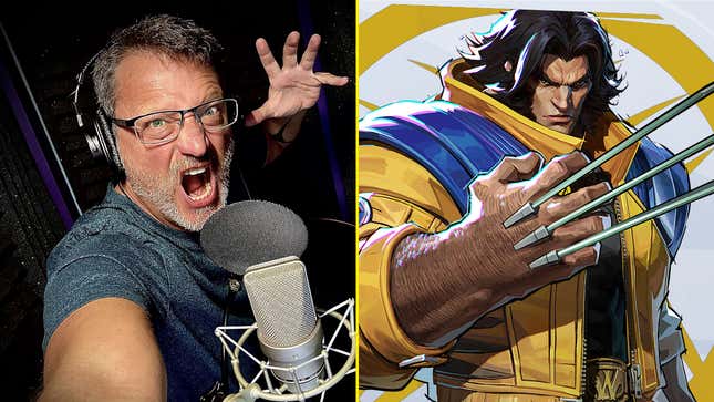 A voice actor is juxtaposed next to a Marvel character.