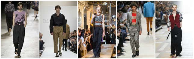 Old man pants by Dries Van Noten, Margaret Howell, Raf Simons, Paul Smith, and Lanvin.