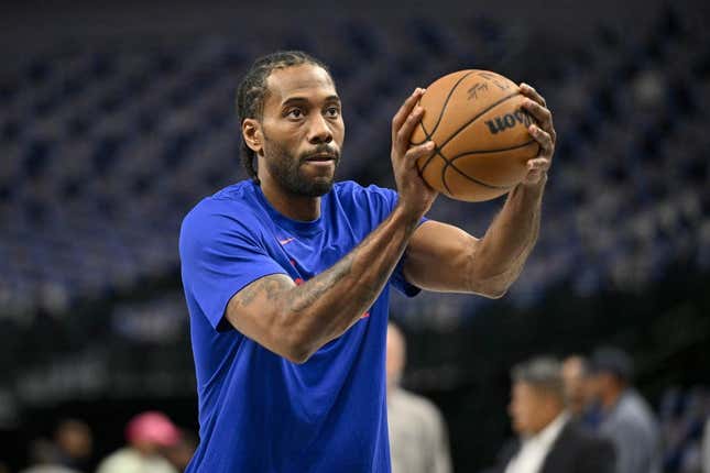 April 26, 2024;  Dallas, Texas, USA;  LA Clippers forward Kawhi Leonard (2) warms up before the game between the Dallas Mavericks and the LA Clippers during game three of the first round for the 2024 NBA Playoffs at the American Airlines Center.