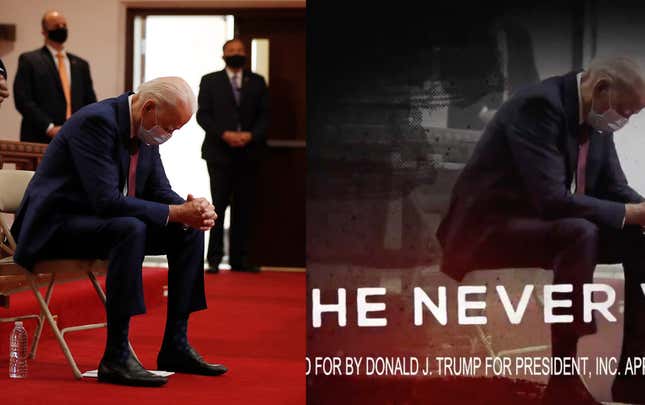 Image for article titled Trump Campaign Ad Uses Altered Photos to Smear Biden&#39;s &#39;Radical&#39; Belief in Science, Social Distancing and Prayer