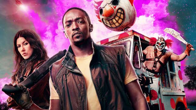 Stephanie Beatriz, Anthony Mackie, and Samoa Joe in the poster for Twisted Metal.