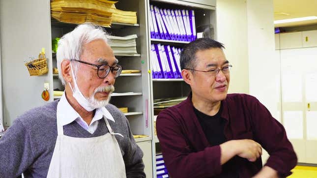 Hayao Miyazaki (left) and Takeshi Honda (right) supervise the animation of “The Boy and the Heron”