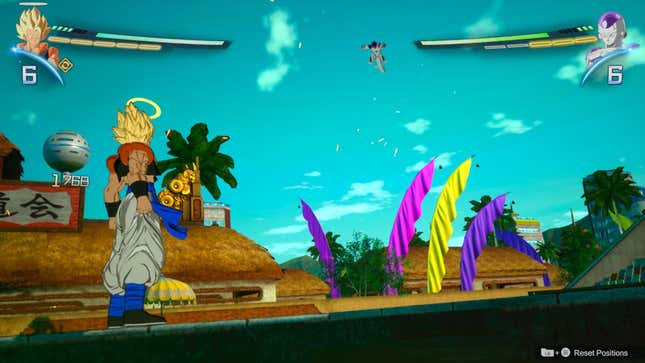 Gogeta watches as Frieza launches into the air after a launcher.