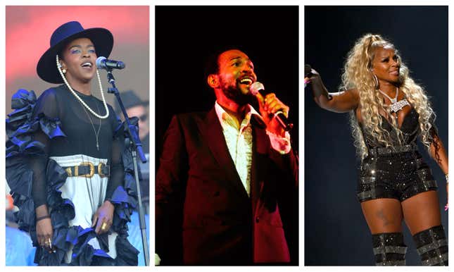 L-R: Lauryn Hill, Marvin Gaye and Mary J. Blige