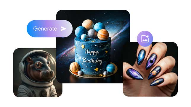 three AI-generated images, one of a hippo in a space suit, one of a planet-themed birthday cake, and one of galaxy nails