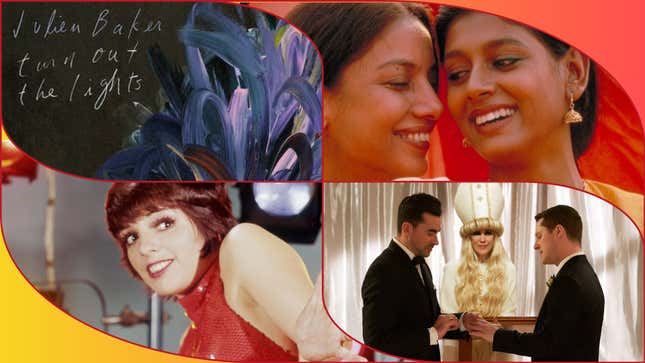 Clockwise from bottom left: Liza Minelli in Liza With A Z; Julien Baker album cover; Shabana Azmi and Nandita Das in Fire; Dan Levy and Noah Reid in Schitt’s Creek 