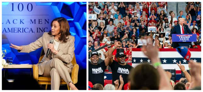 L: Vice President Kamala Harris speaks to 100 Black Men in America Conference on June 14, 2024 in Atlanta, Georgia; R: Two men wearing “Black MAGA’ shirts at a Trump campaign event on Saturday, August 3, 2024 in Atlanta, GA