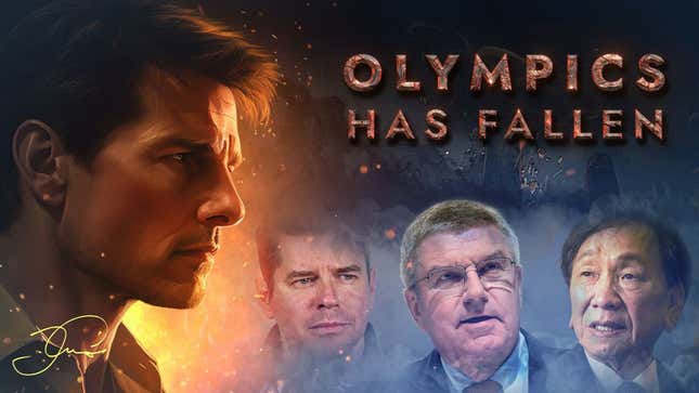 An unauthorized image of Tom Cruise, photoshopped into a promotional image with IOC members for a “documentary” called Olympics Has Fallen that was produced by Russian-linked disinformation agents.
