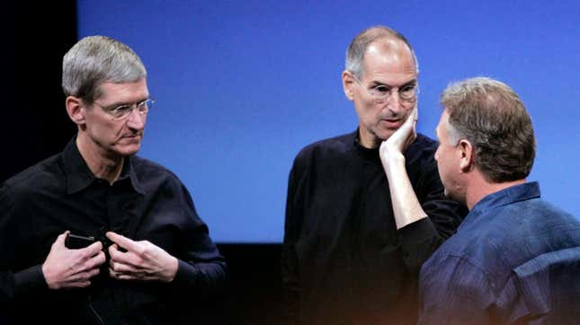 Tim Cook, Steve Jobs, and Apple marketing chief Phil Schiller.