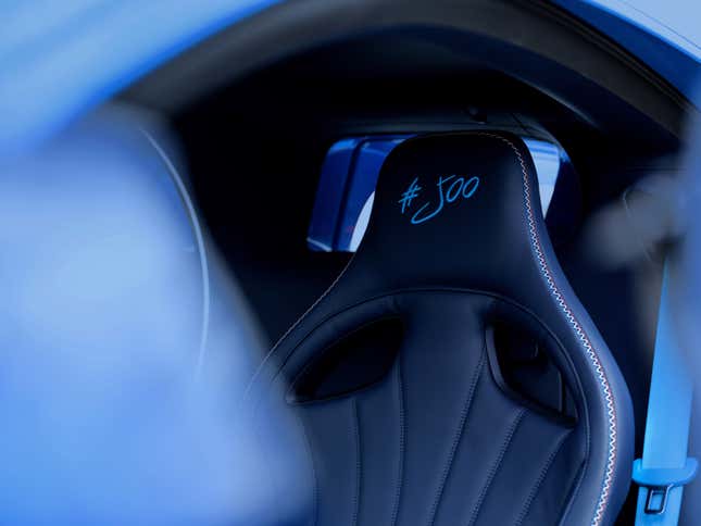 Front seat of the blue Bugatti Chiron L'Ultime
