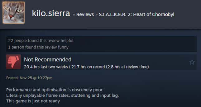 A screenshot shows a Steam user review for Stalker 2.