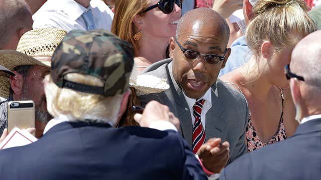 Gregory Cheadle is shown in this June 3, 2016, photo talking to then GOP presidential candidate Donald Trump after a campaign rally in Redding, Calif., during which Trump singled him out while calling him “my African American.” Now, three years later, Cheadle says he’s turned off by Trump’s policies and politics and is quitting the GOP.