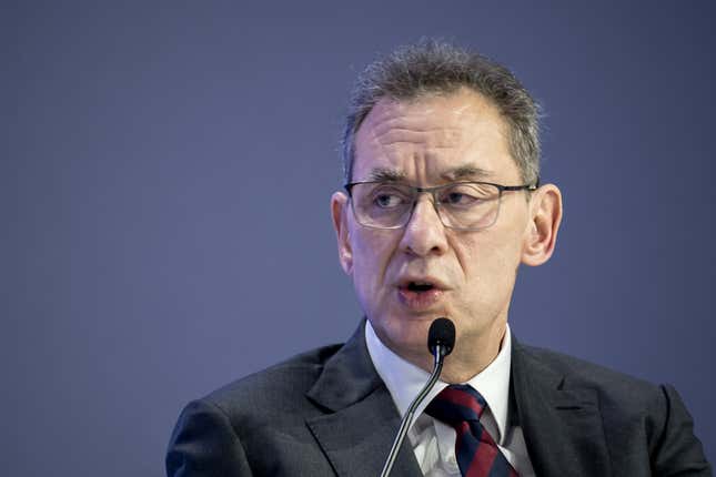 Pfizer CEO Albert Bourla addresses the audience as part of a session on AI during the World Economic Forum (WEF) annual meeting in Davos on January 23, 2025.