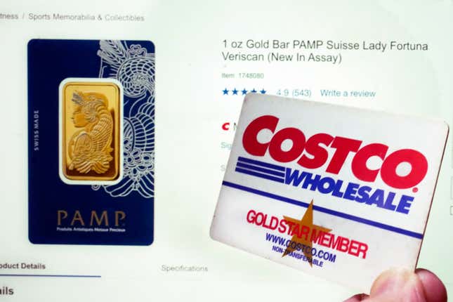 A Costco webpage featuring a one-ounce Gold Bar PAMP Suisse Lady Fortuna Veriscan, and a Costco membership card, are shown in this photo, in New York, Wednesday, Oct. 4, 2023. Costco CFO Richard Galanti said the gold bars, which are sold exclusively online, are &quot;typically gone within a few hours&quot; of appearing on the chain&#39;s website — adding that there&#39;s a two-bar limit per member. (AP Photo/Richard Drew)