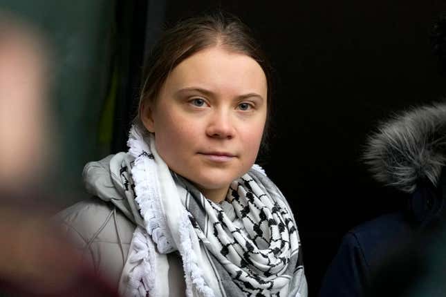 Environmental activist Greta Thunberg arrives at Westminster Magistrates Court in London, Friday, Feb. 2, 2024. Climate activist Greta Thunberg is on trial for protesting outside a major oil and gas industry conference in London last year. (AP Photo/Kirsty Wigglesworth)