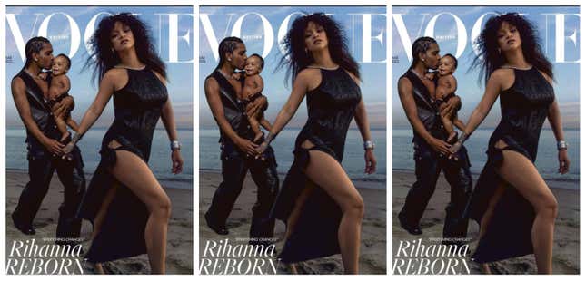 A$SAP Rocky, left holding he and Rihanna’s (right) son on the March 2023 Cover Issue of British Vogue.