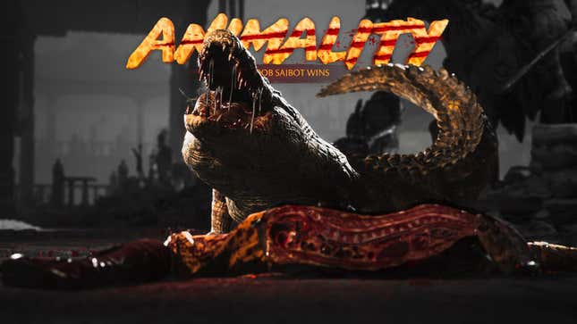 An alligator roaring over a body split in half for Noob Saibot’s animality.