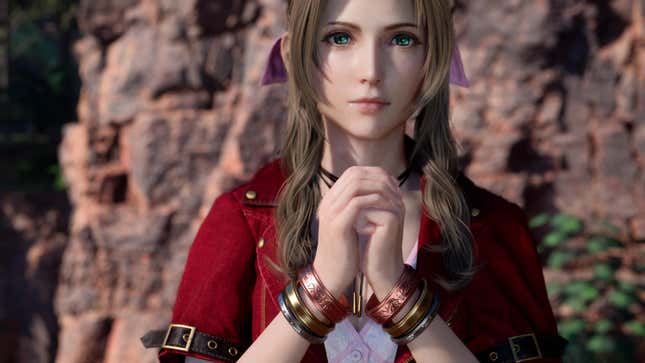 Aerith folds her hands in a prayer gesture.