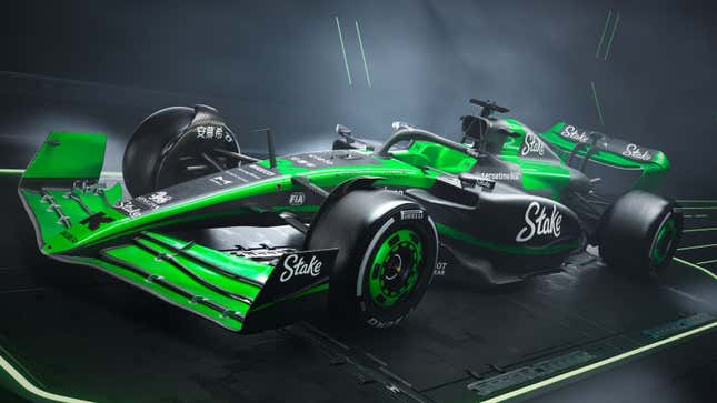 A photo of the green and grey Kick Sauber F1 car. 