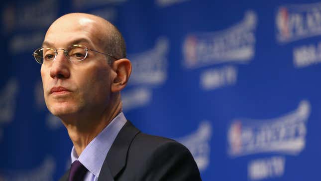 Adam Silver the NBA Commissioner talks to the media before the start of the Oklahoma City Thunder game against the Memphis Grizzlies in Game 4 of the Western Conference Quarterfinals during the 2014 NBA Playoffs at FedExForum on April 26, 2014 in Memphis, Tennessee.