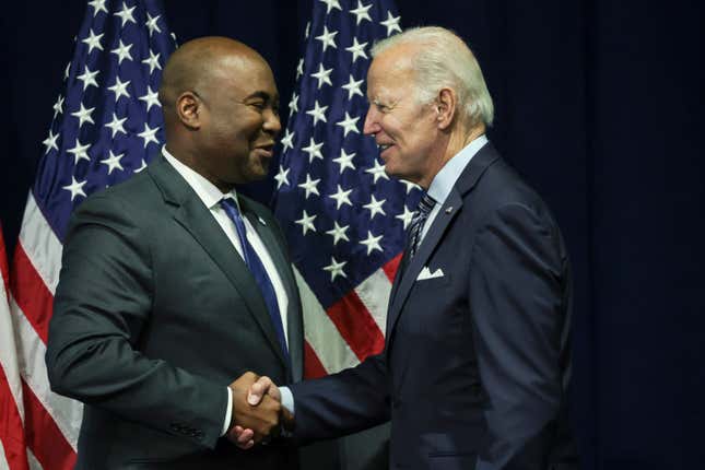 NATIONAL HARBOR, MARYLAND - SEPTEMBER 08: U.S. President Joe Biden (R) greets Jaime Harrison, chairman of the Democratic National Committee (DNC), at the organization’s summer meeting at the Gaylord National Resort &amp; Convention Center September 8, 2022 in National Harbor, Maryland. The president, ahead of the November midterm elections, sharpened his attack against former President Trump, calling his MAGA Republican supporters a threat to democracy.