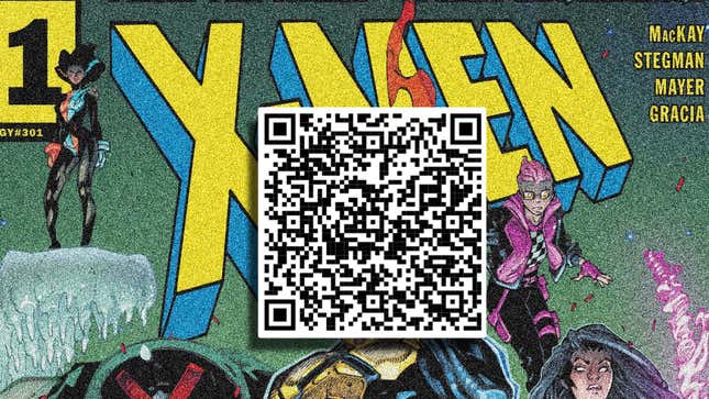 An image shows a QR code in front of a X-Men cover. 