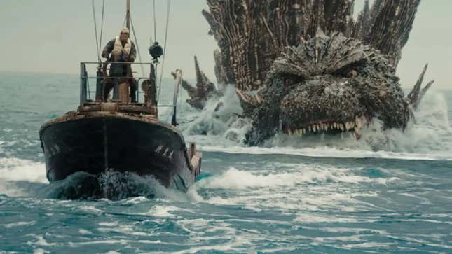 Godzilla menaces a boat in Godzilla Minus One