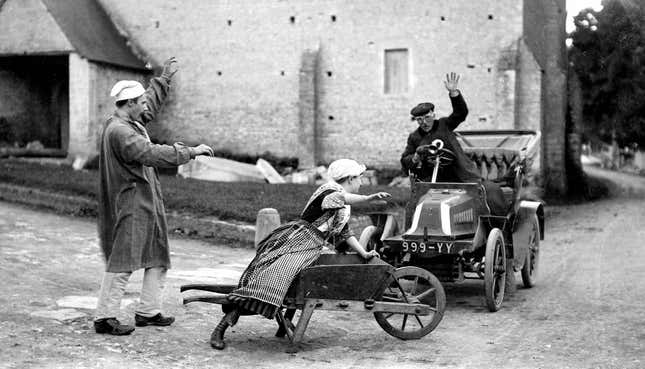 Beginnings of the motorcar. Road accident in Normandy