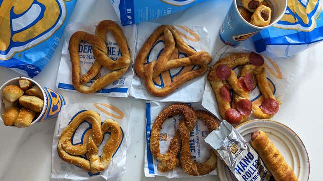 Auntie Anne's pretzels, mini pretzel dogs, and full size pretzel dog