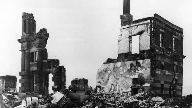 6th August 1945: A building stands in ruins after the atomic bomb blast at Hiroshima. 