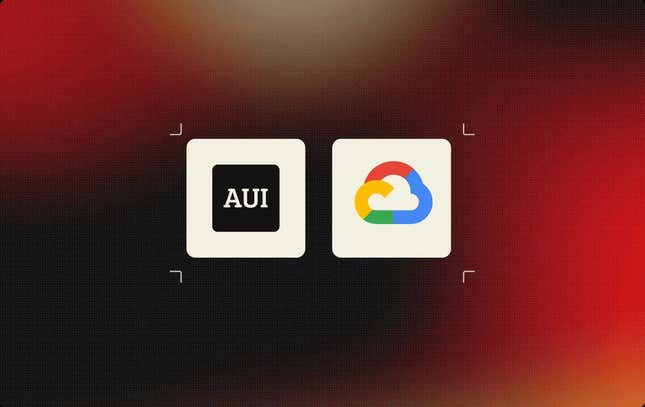 AUI and Google Cloud logos on white squares in front of a black and red fusion background