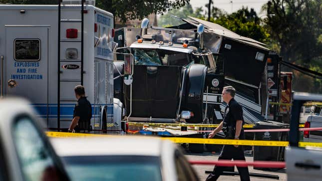 A destroyed LAPD armored tractor-trailer seen after the agency's questionably competent bomb squad detonated way too many fireworks in a South Los Angeles neighborhood, seen here on July 1, 2021.