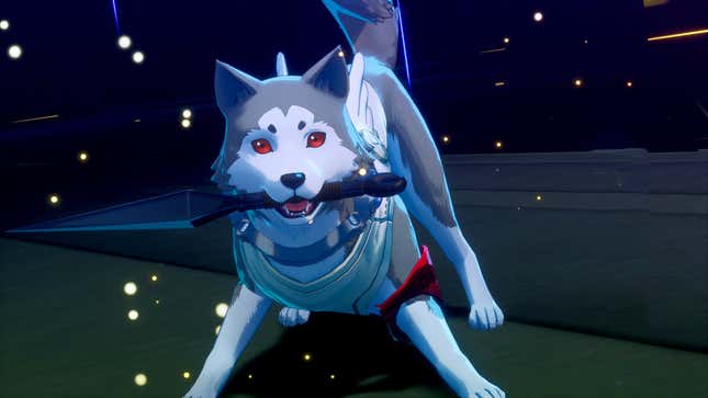 Persona 3 Reload's best boy Koromaru holds what appears to be a kunai in his mouth.