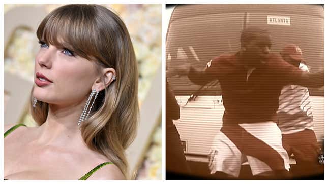 Taylor Swift, left; A scene from the ‘Swag Surfin’’ music video.