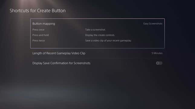 Ein Screenshot des PS5-Menüs zeigt die Einstellungen für die Schaltfläche „Erstellen“.