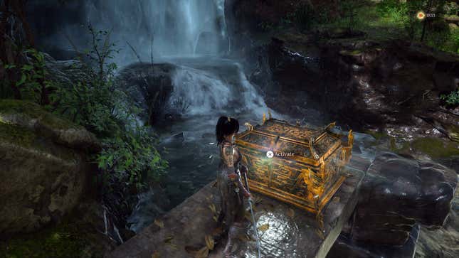The protagonist of Wuchang stands in front of a closed chest.