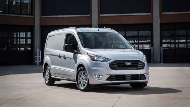 A photo of a silver Ford Transit Connect van. 