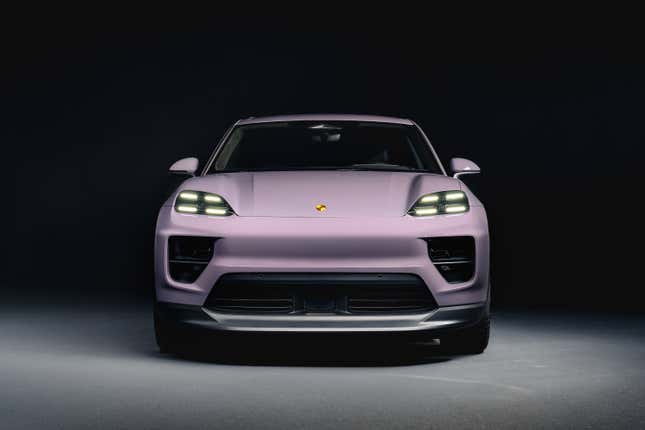 Front view of a lavender 2024 Porsche Macan EV