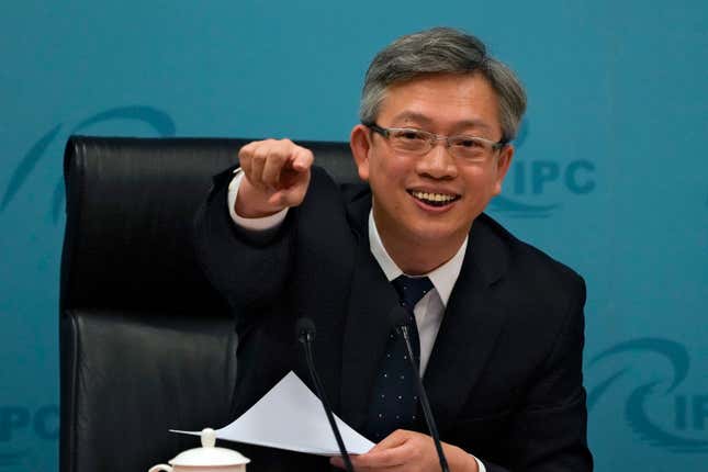 Director General of the Foreign Ministry&#39;s European Department Wang Lutong gestures during a press conference at the Ministry of Foreign Affairs office after a meeting between the leaders of China and the European Union in Beijing, Thursday, Dec. 7, 2023. (AP Photo/Andy Wong)