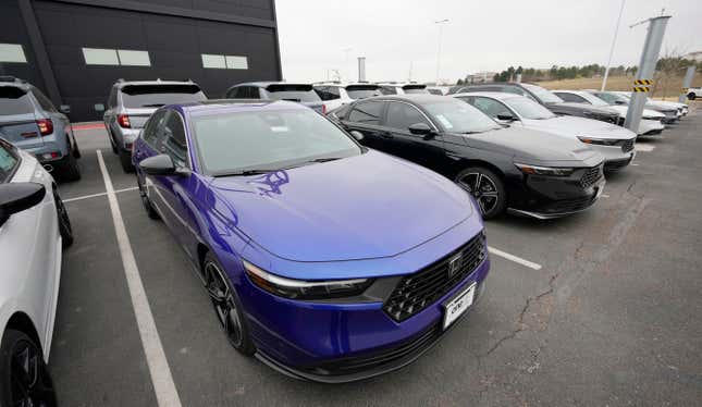 FILE - 2024 Accord sedans are displayed at a Honda dealership April 14, 2023, in Highlands Ranch, Colo. The U.S. Department of Transportation on Monday, April 29, 2024, is expected to unveil a requirement that automatic emergency braking become standard equipment on nearly all new passenger vehicles. The 2024 Accord has automatic emergency braking. (AP Photo/David Zalubowski, File)