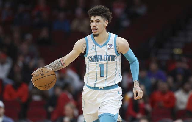 Nov 1, 2023; Houston, Texas, USA; Charlotte Hornets guard LaMelo Ball (1) brings the ball up the court during the first quarter against the Houston Rockets at Toyota Center.