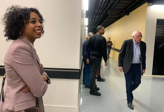 Briahna Joy Gray looks on as U.S. Senator Bernie Sanders walks to greet supporters at Wofford College, in Spartanburg, S.C., February 27, 2020.