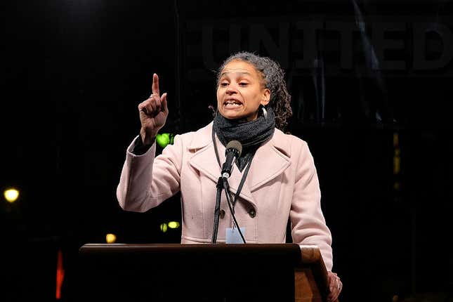 Maya Wiley speaks onstage during the We Stand United NYC Rally outside Trump International Hotel &amp; Tower on January 19, 2017 in New York City.